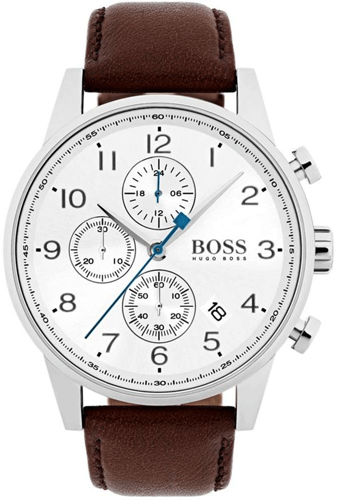 Hugo Boss Navigator chronograph watch with white dial and brown leather strap, showing three subdials and blue hands