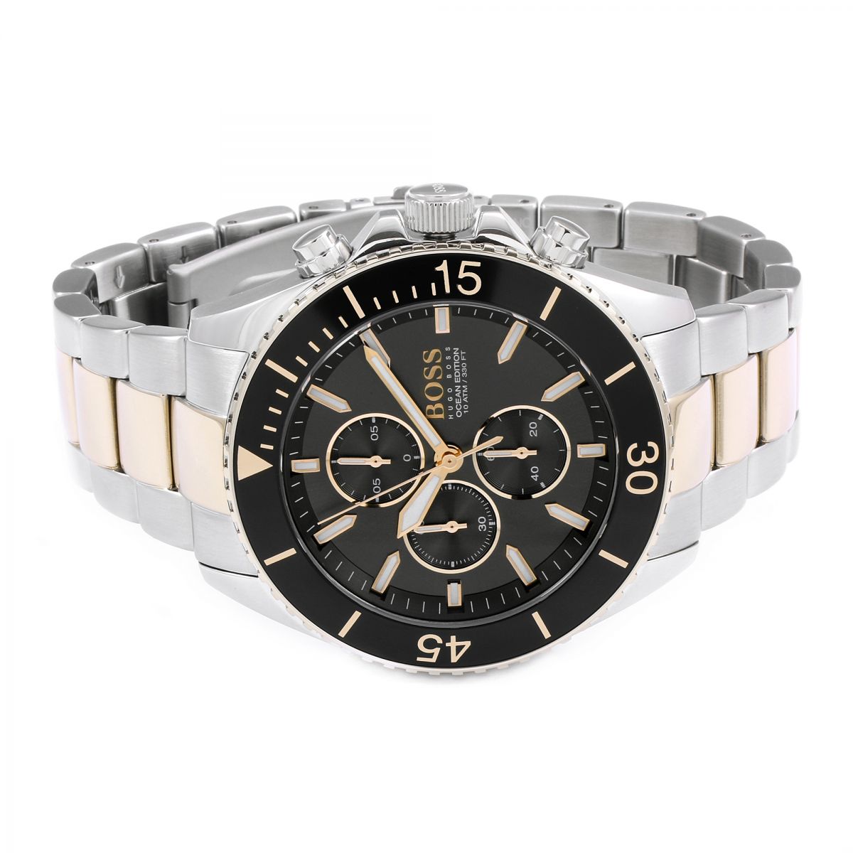 Three-quarter view of Hugo Boss Ocean Edition chronograph with two-tone bracelet and chronograph subdials
