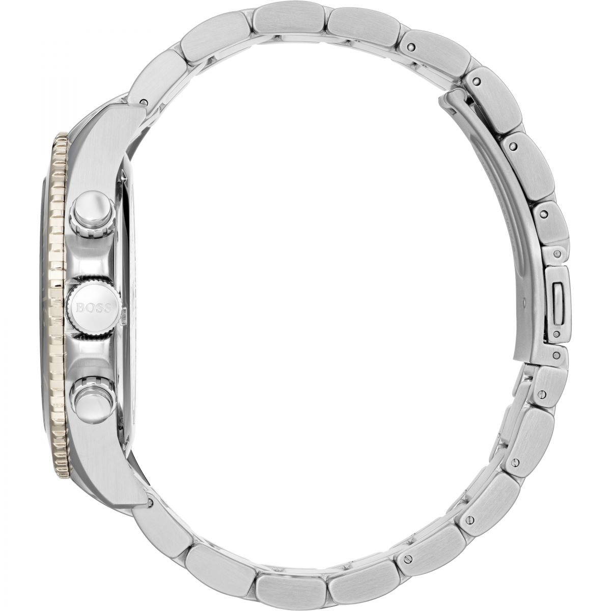 Case back view of Hugo Boss Ocean Edition chronograph showing stainless steel back and bracelet