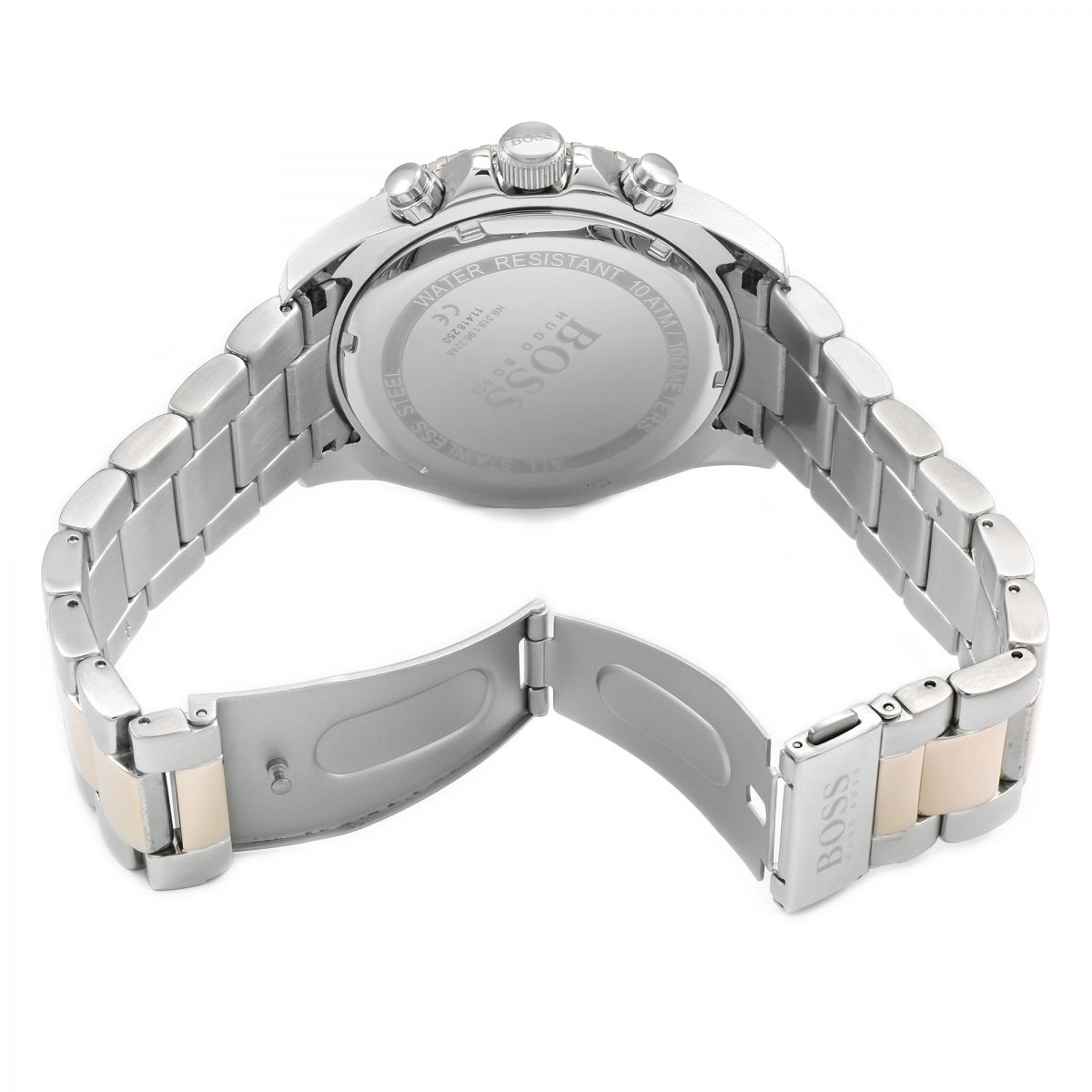 Overhead view of Hugo Boss Ocean Edition watch showing case and two-tone bracelet detail