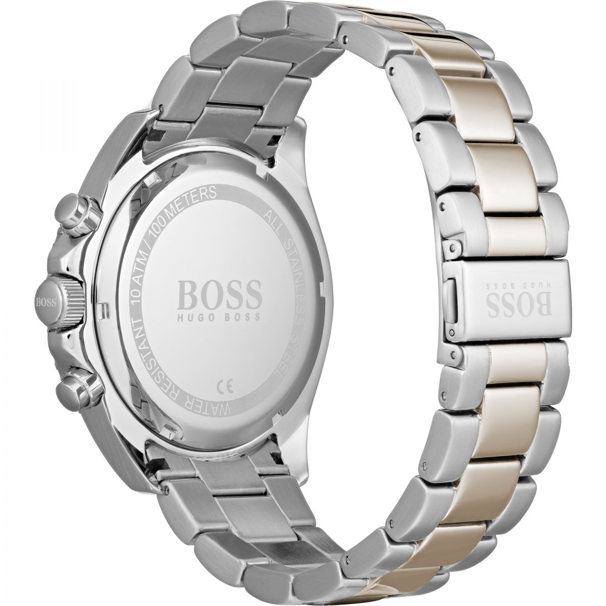 Side view of Hugo Boss Ocean Edition watch showing two-tone stainless steel and rose gold bracelet