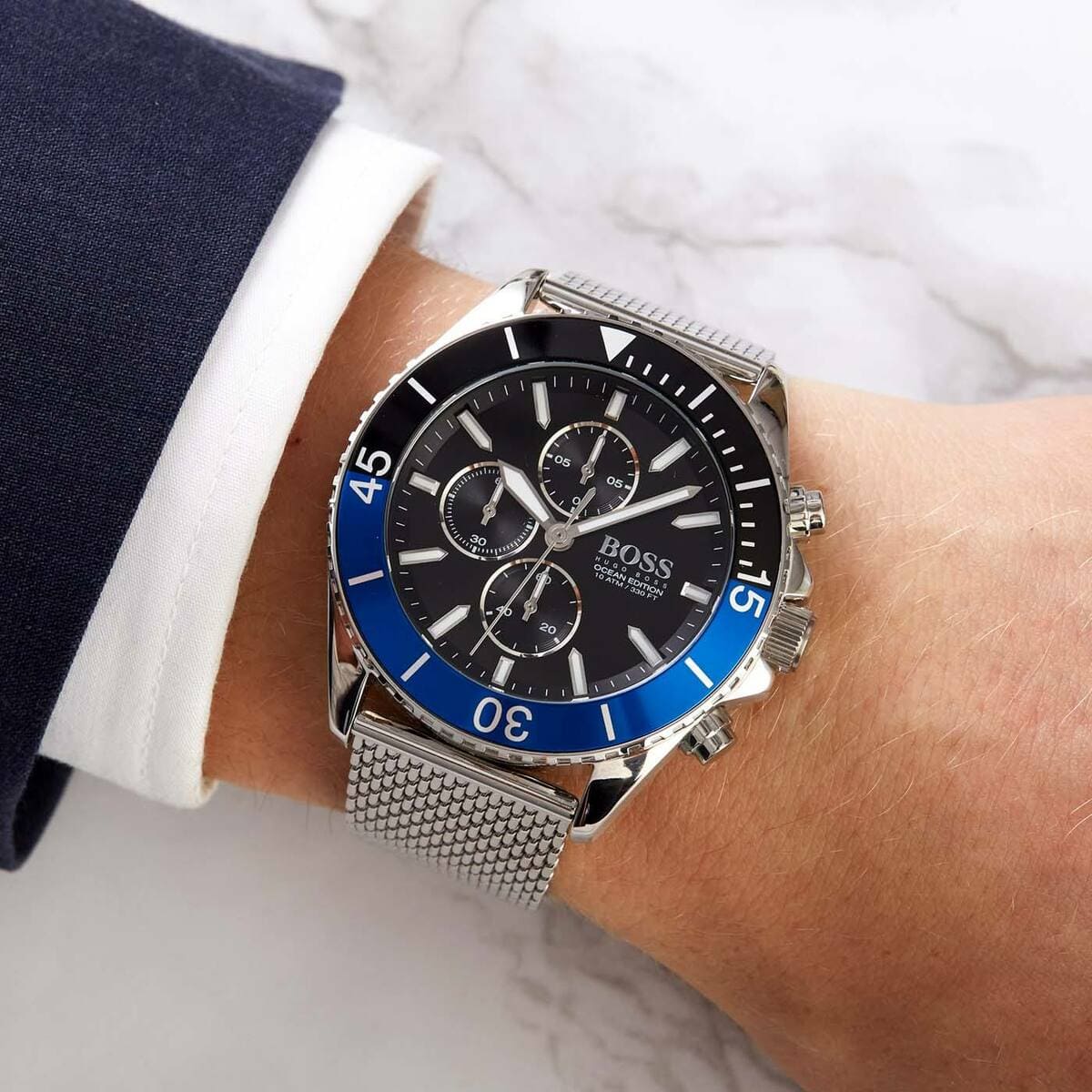 Hugo Boss Ocean Edition Chronograph Black Dial Silver Mesh Strap Watch for Men - 1513742 1513742 - Image 5