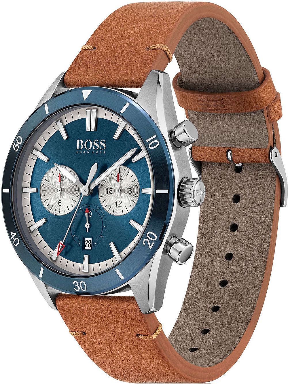 Hugo Boss Santiago watch side view showing tan leather strap and case profile