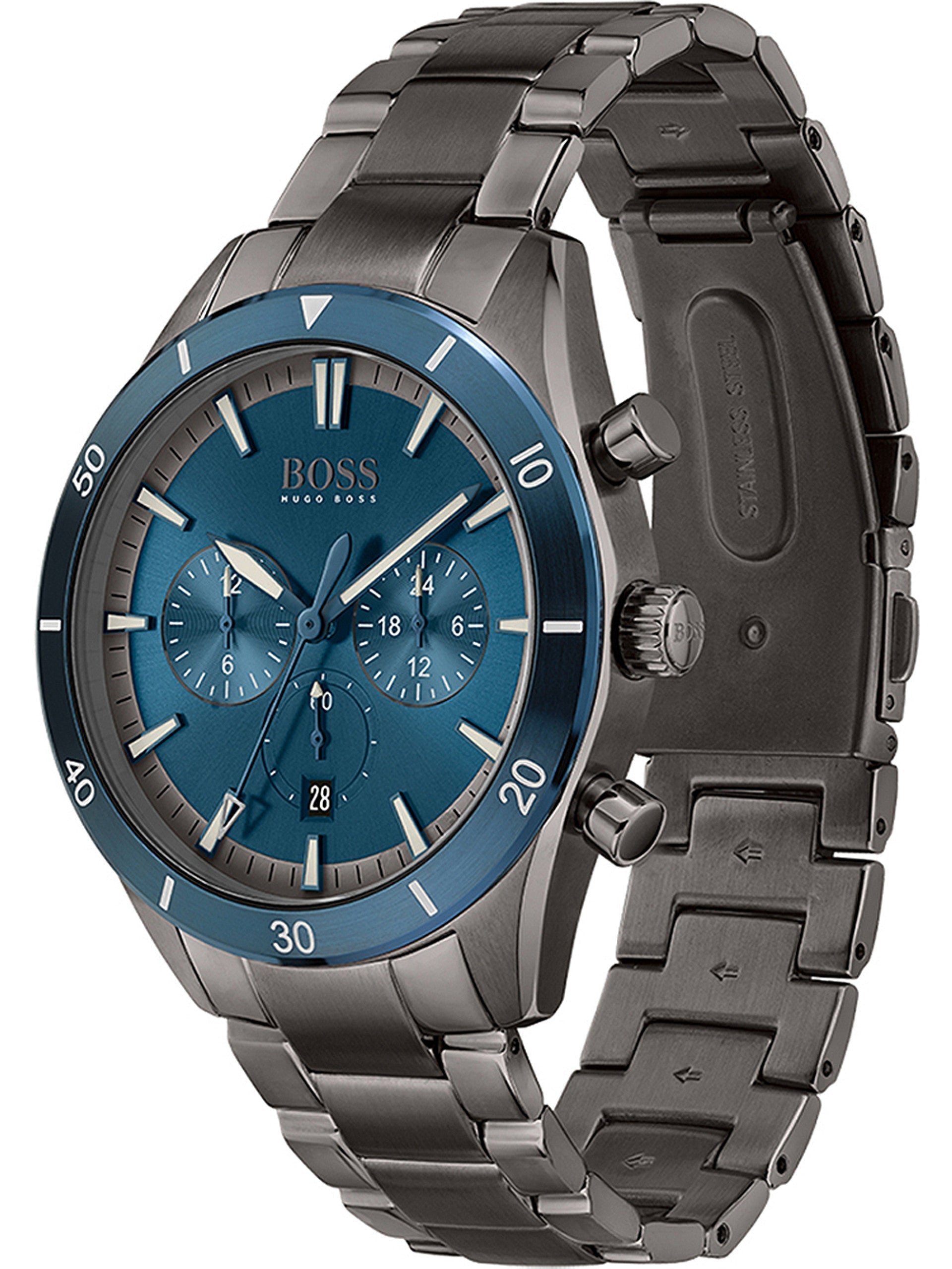 Hugo Boss Santiago chronograph watch front-angled view showing blue bezel and grey steel case