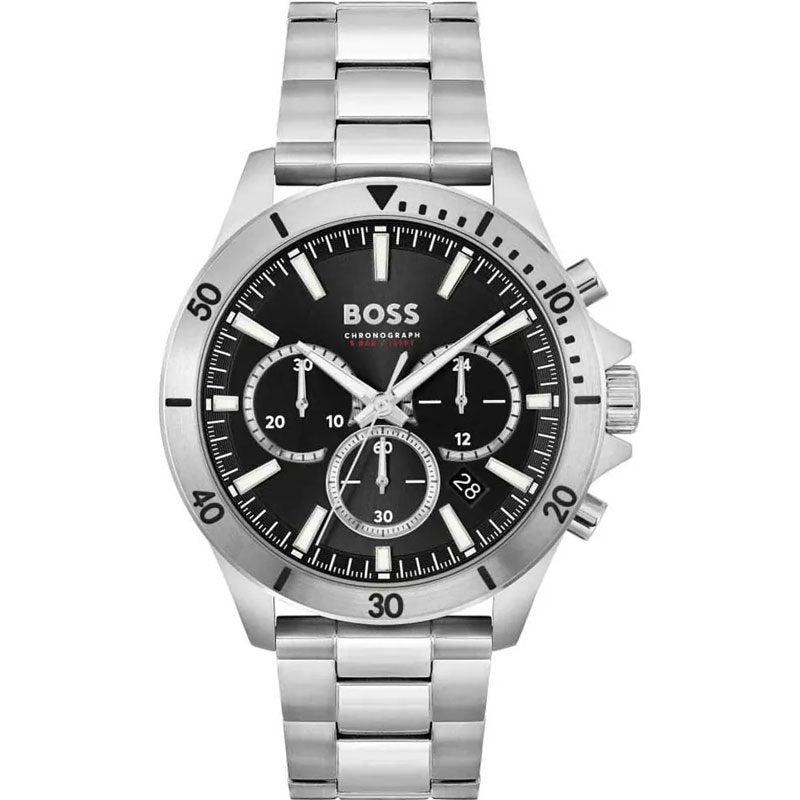 Hugo Boss Troper chronograph watch with black dial and silver stainless steel bracelet