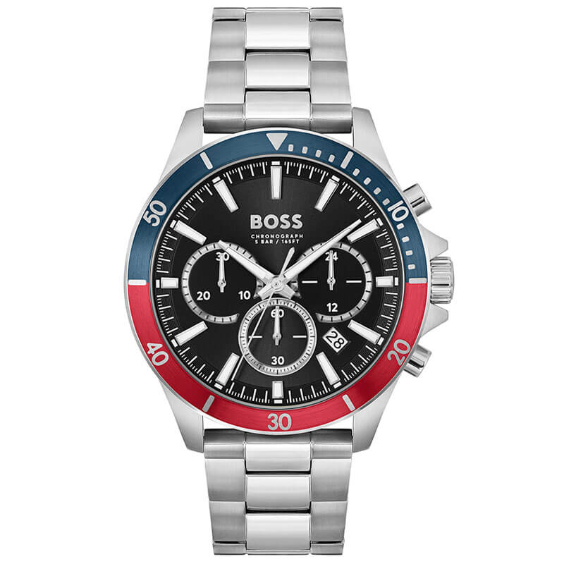 Hugo Boss Troper chronograph watch with black dial and blue/red bezel, silver metal strap