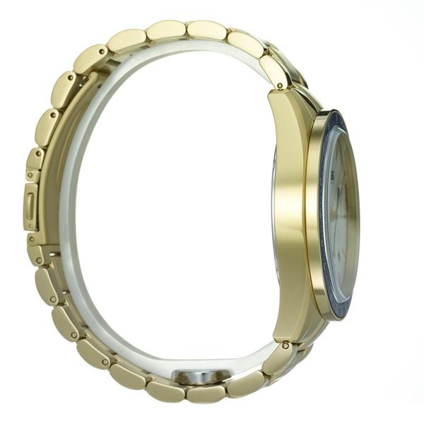 Side view of Trophy chronograph watch with solid gold-tone case and bracelet