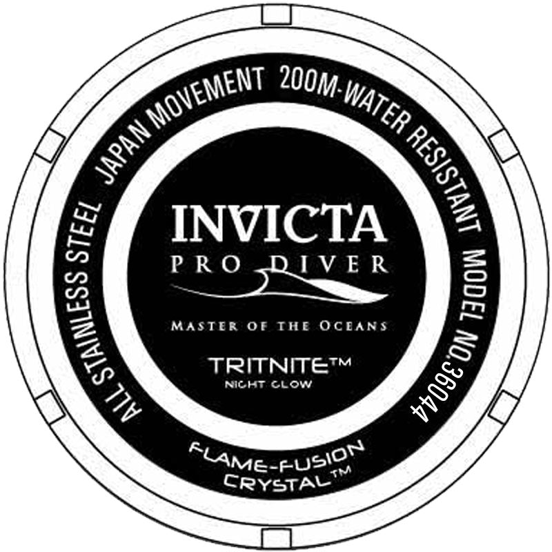 Invicta Pro Diver caseback showing Tritnite night glow and flame-fusion crystal specifications