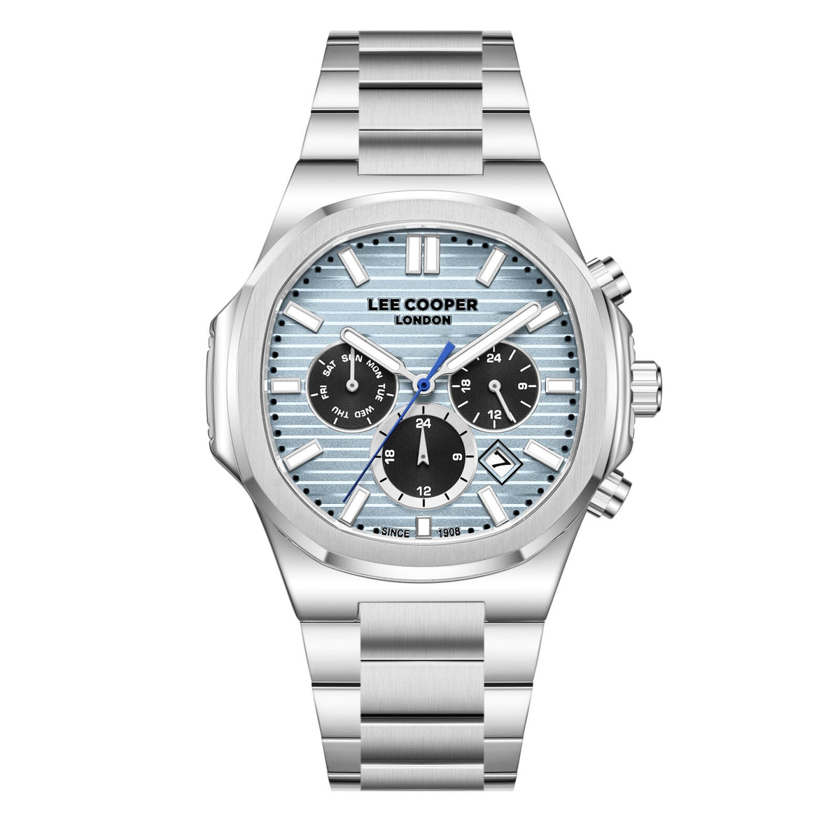 Lee Cooper Gauthier silver multifunction chronograph watch with blue striped dial and three black subdials