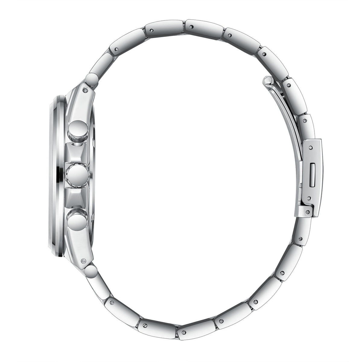 Side view of Lee Cooper Jules watch showing silver bracelet links and pushers