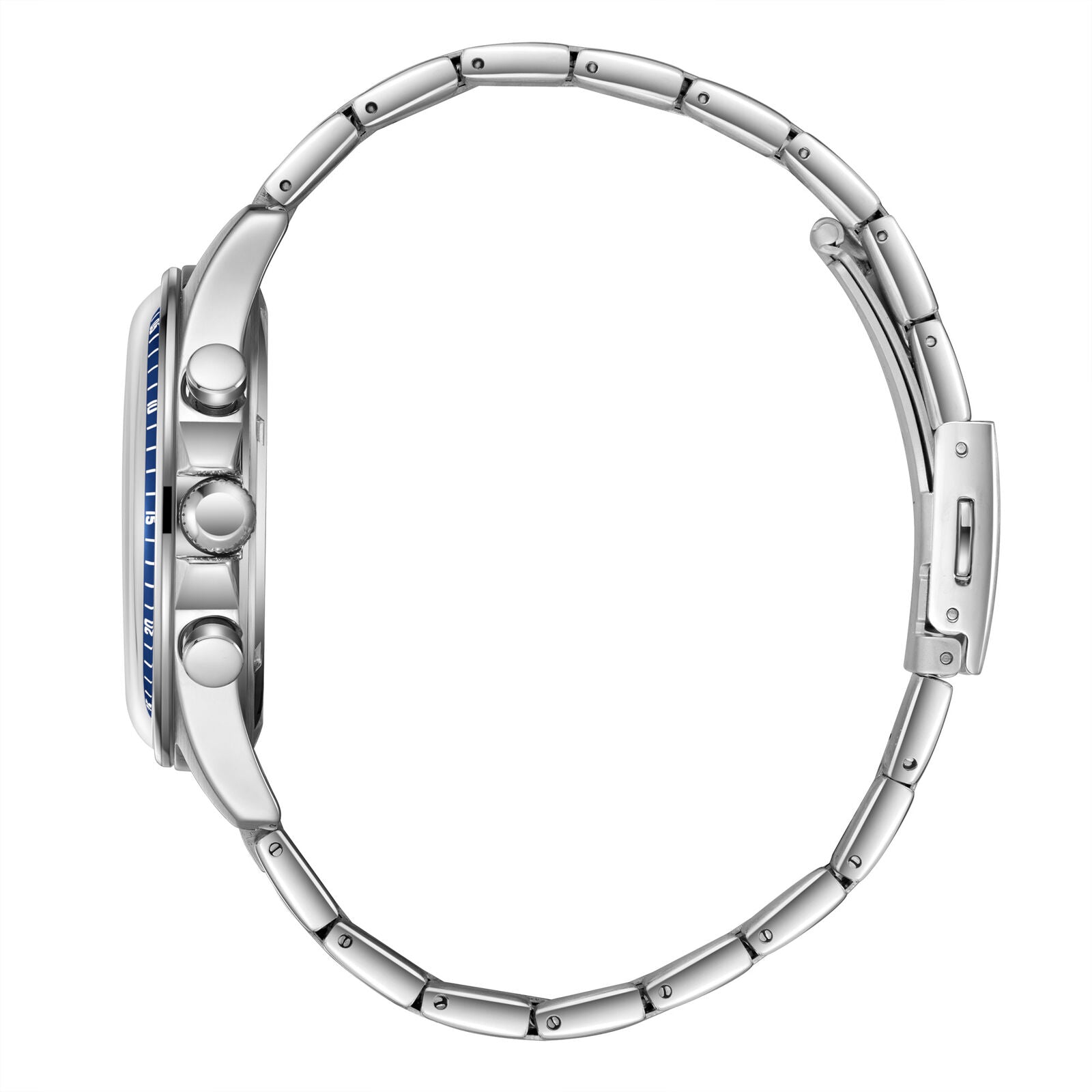 Side view of Lee Cooper watch showing chronograph pushers and silver bracelet links