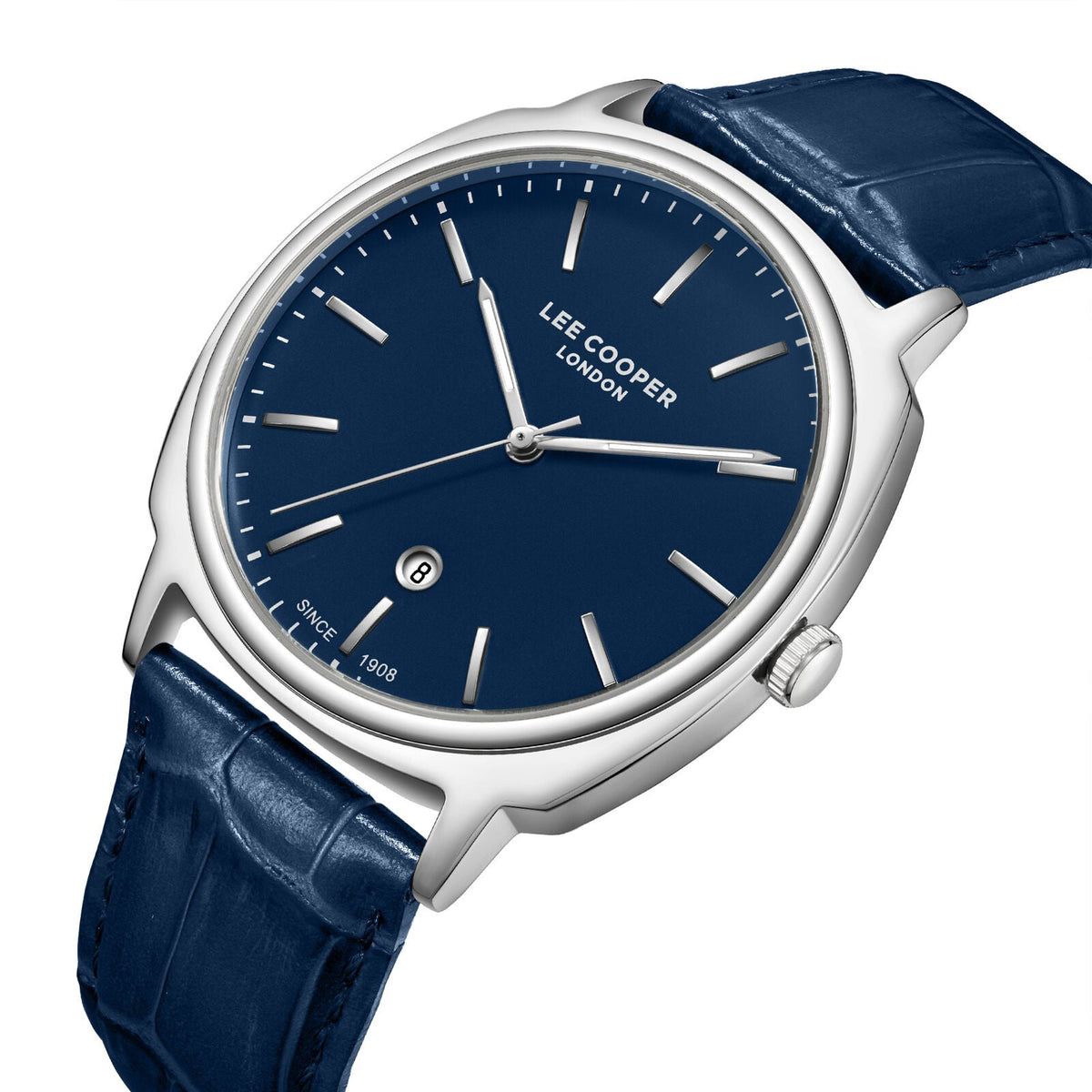 Lee Cooper watch angled view showing silver case with navy dial and leather strap
