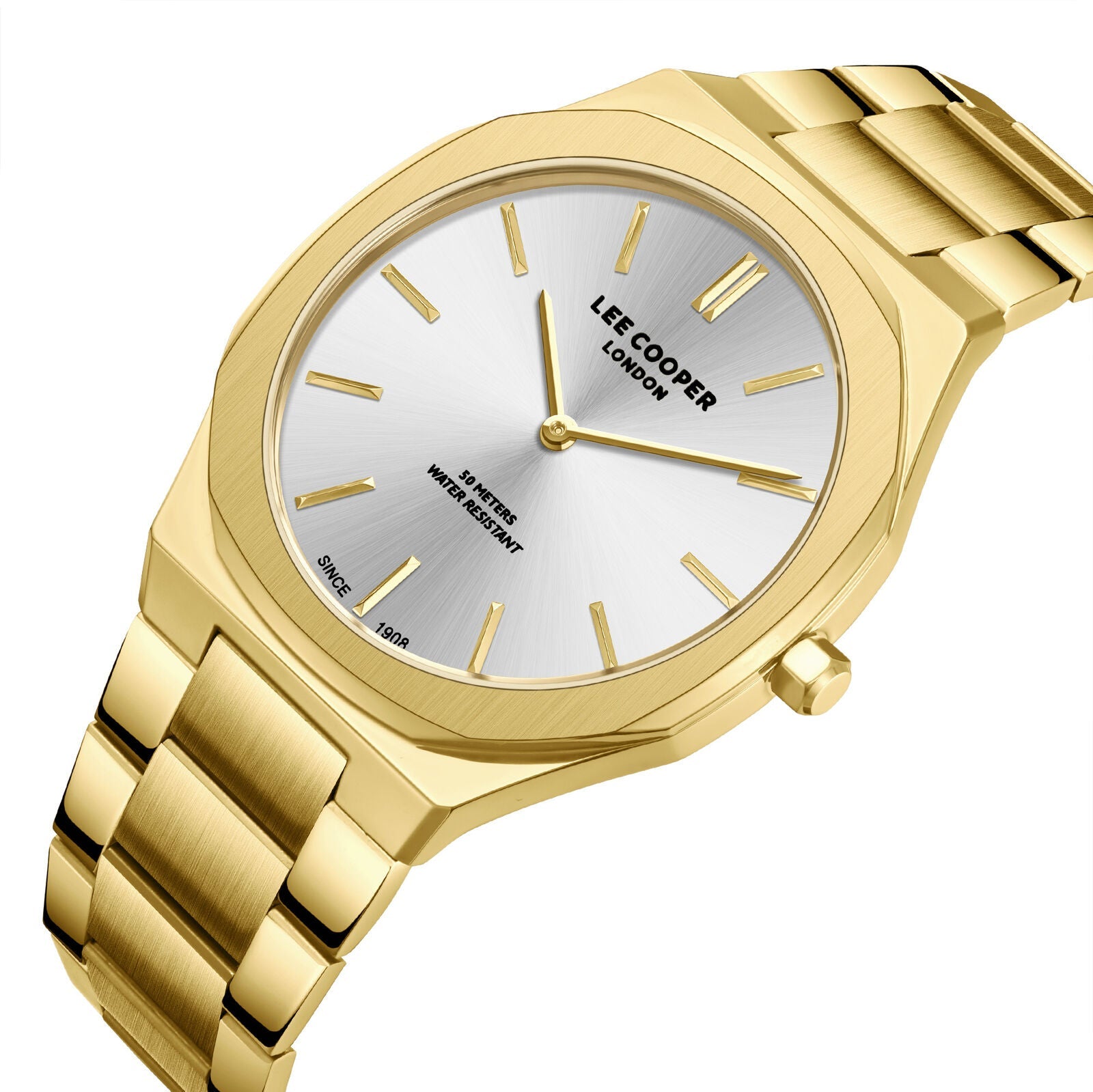 Lee Cooper Classic watch angled view showing silver dial and gold case details