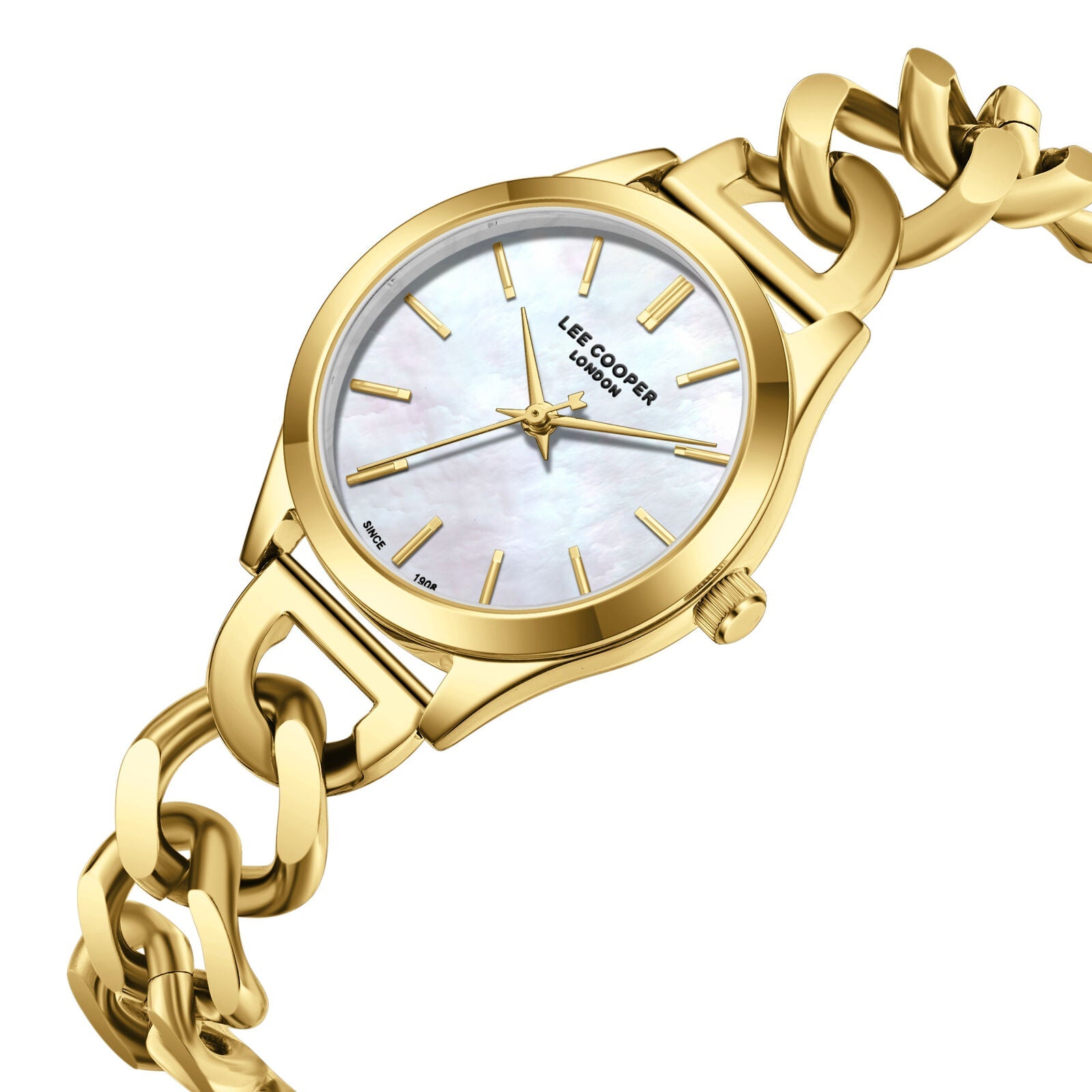 Lee Cooper Classic watch at angle showing white MOP dial and chunky gold chain bracelet