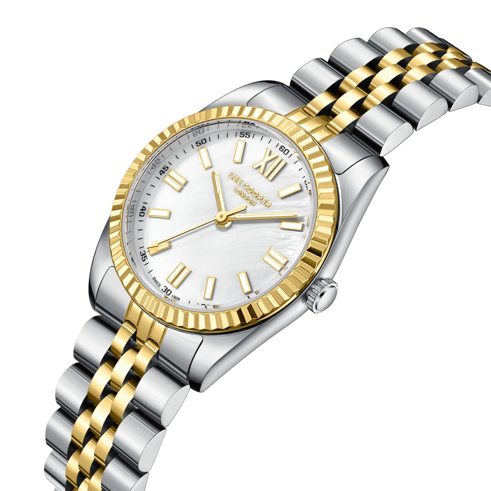 Lee Cooper LC08303 two-tone watch with white dial, angled view showing beaded bezel
