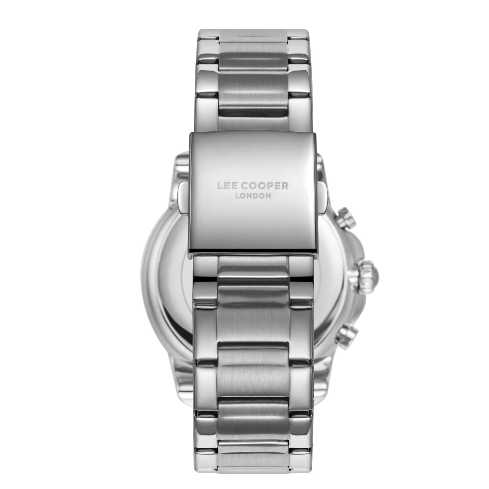 Lee Cooper Malo watch back view showing case back with Lee Cooper London engraving and metal bracelet