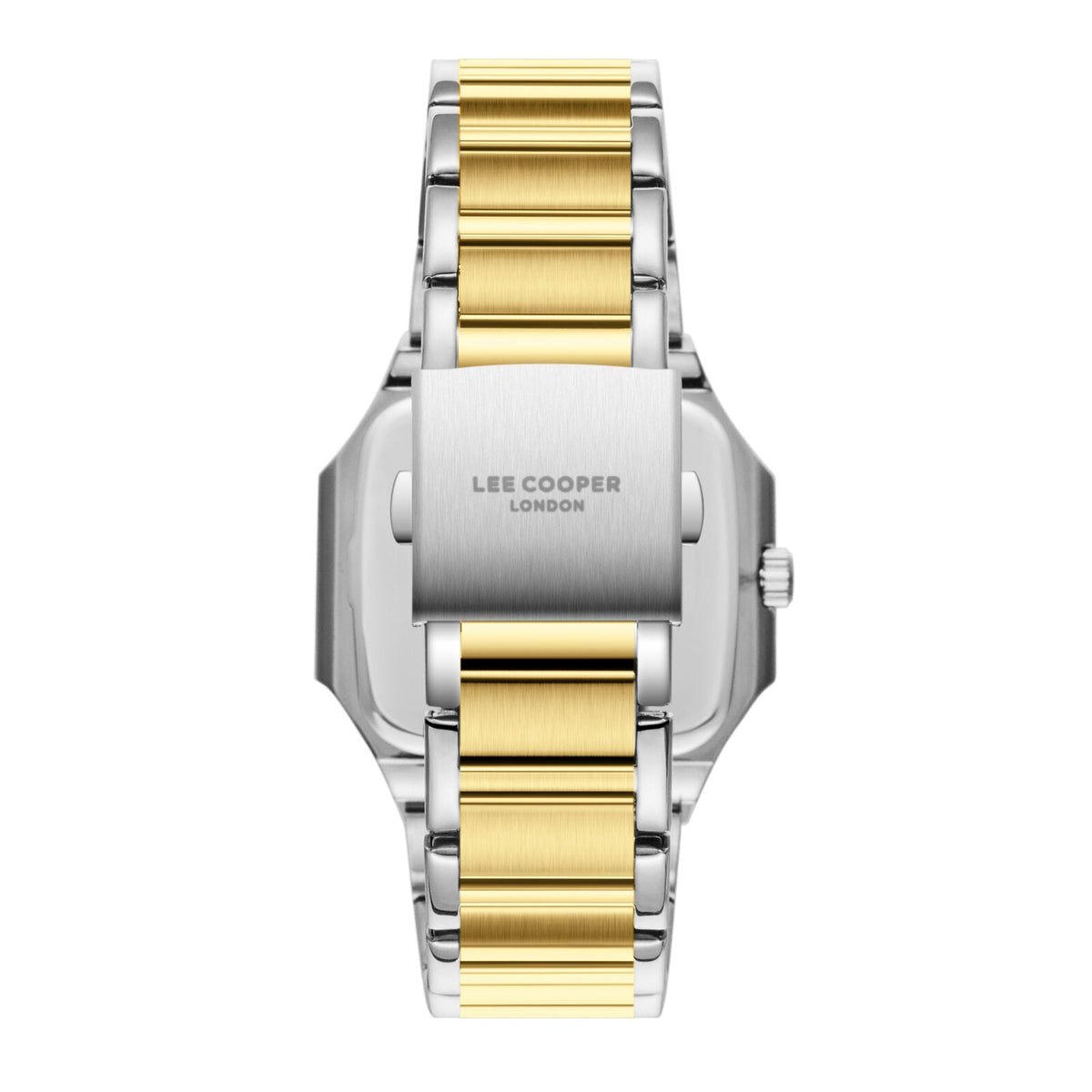Lee Cooper Maxime watch caseback showing engraved brand text and two-tone bracelet design
