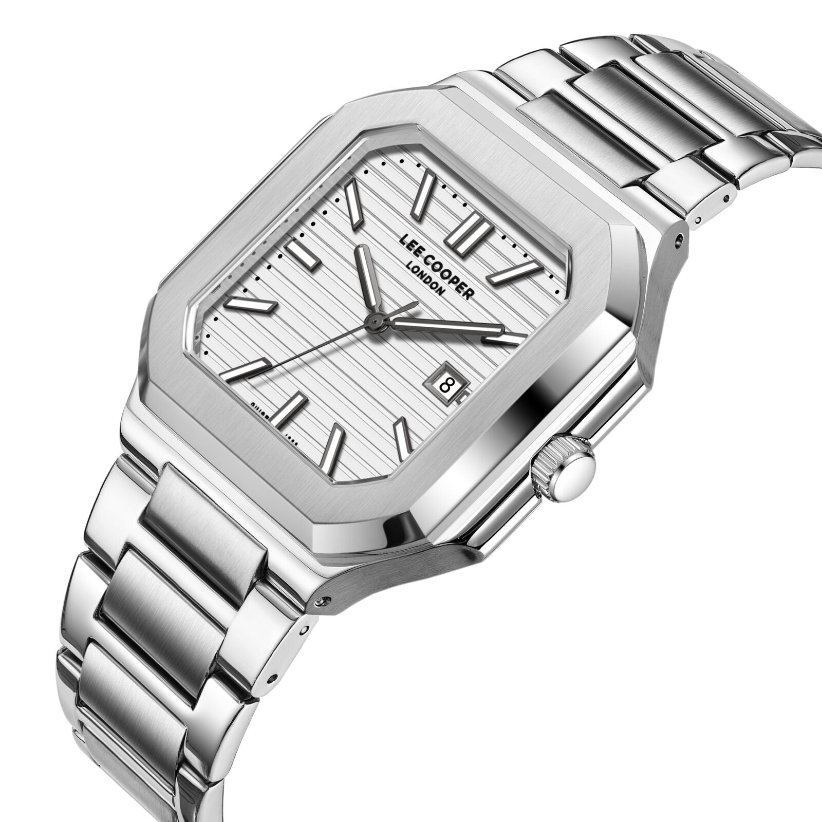Lee Cooper Maxime square watch angled view showing silver case and bracelet