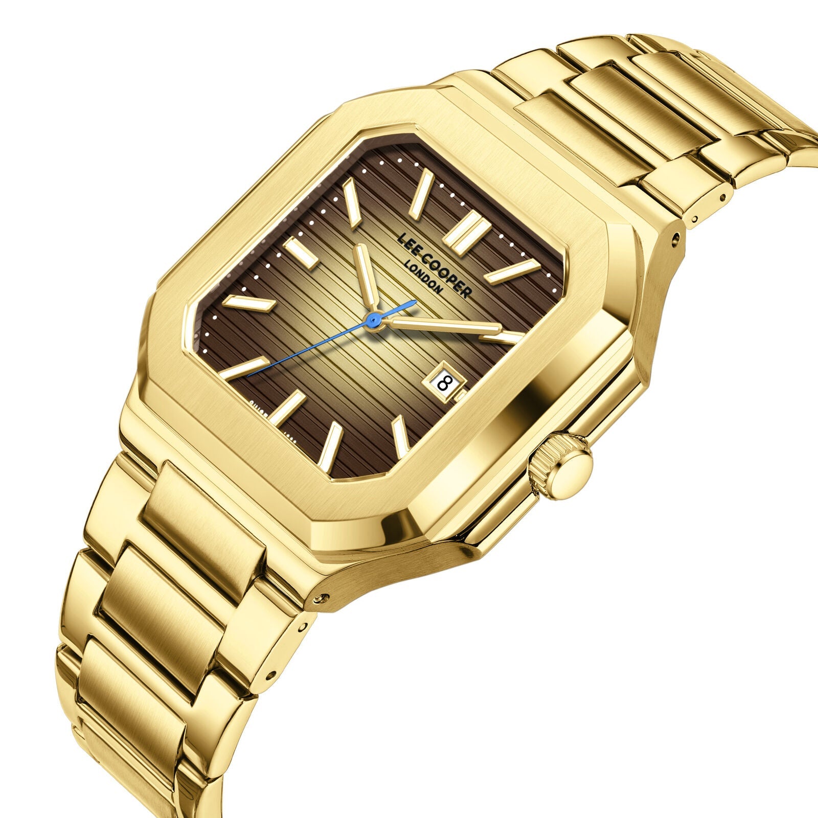 Lee Cooper Maxime gold watch angled view showing square case and gold bracelet