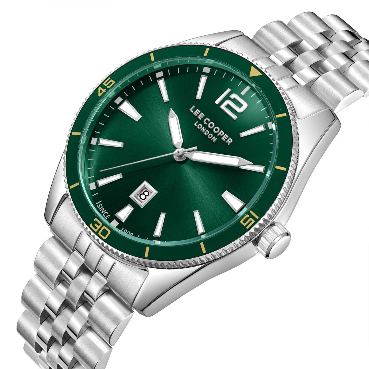 Lee Cooper Oswin watch angled view showing green dial with date window and green bezel detail