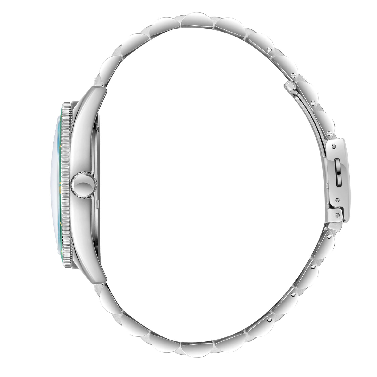 Lee Cooper Oswin watch side profile view showing silver stainless steel bracelet links