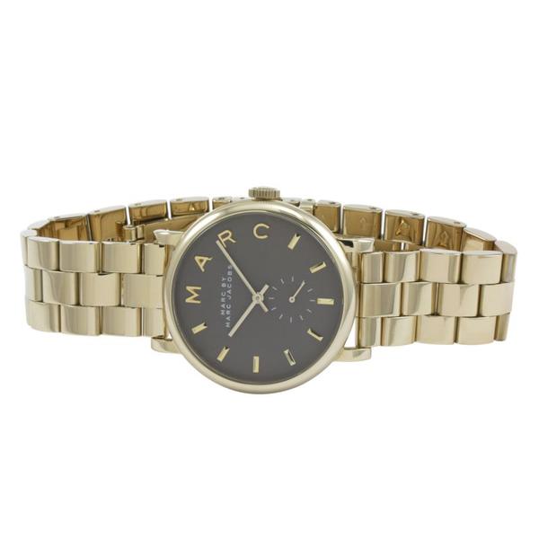 Marc by Marc Jacobs Baker watch angled view showing gold bracelet and grey dial
