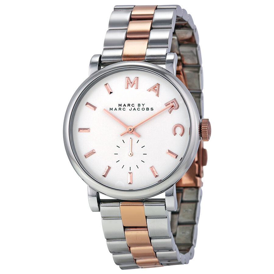 Marc by Marc Jacobs Baker MBM3312 watch angled view showing silver and rose gold two-tone bracelet