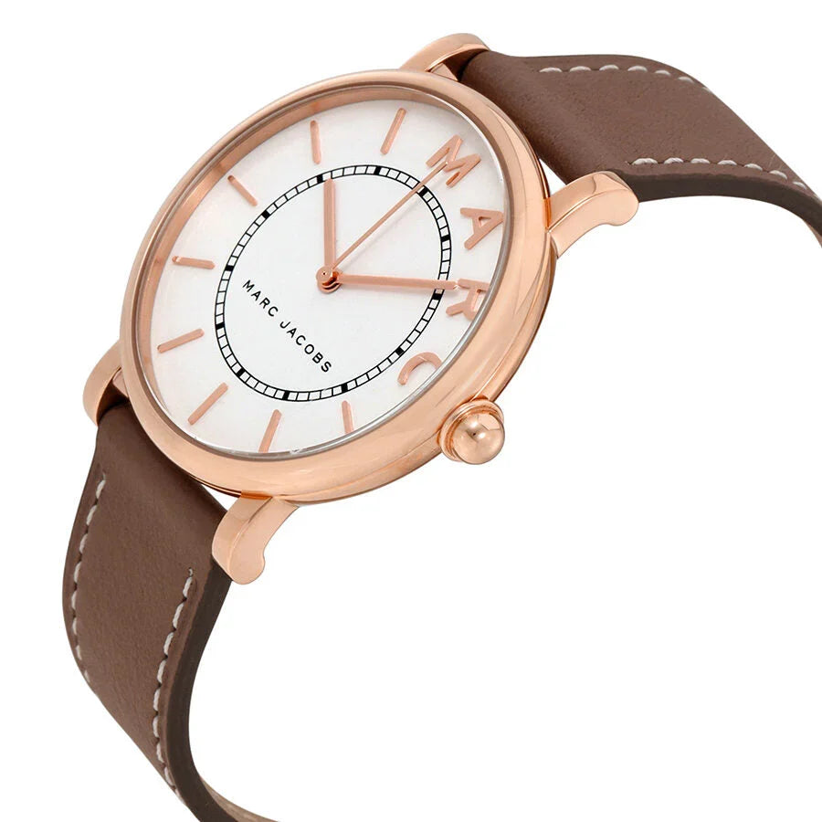 Marc Jacobs Classic Mini rose gold watch angled view showing white dial and case profile