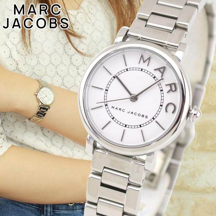 Marc Jacobs MJ3525 watch on wrist showing MARC dial detail and stainless-steel strap