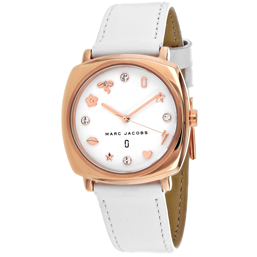 Marc Jacobs MJ8678 rose gold watch with white dial and white leather strap