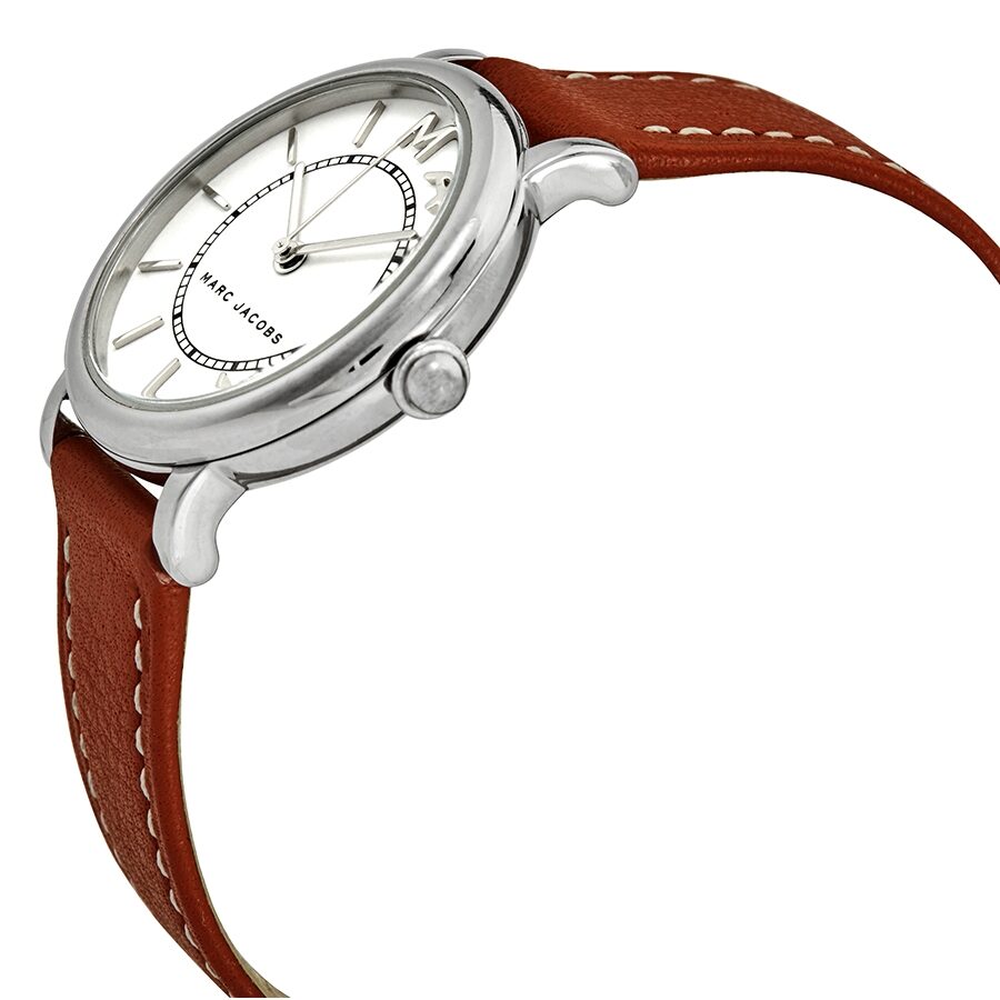 Marc Jacobs Roxy MJ1572 watch side profile showing silver case and brown leather strap
