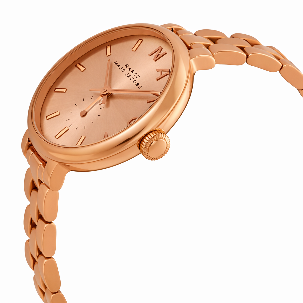 Marc Jacobs Sally MBM3364 watch at 45-degree angle showing rose gold case and bracelet