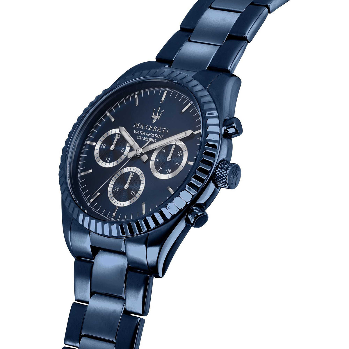 Angled view of Maserati Blue Edition chronograph with blue case and bracelet
