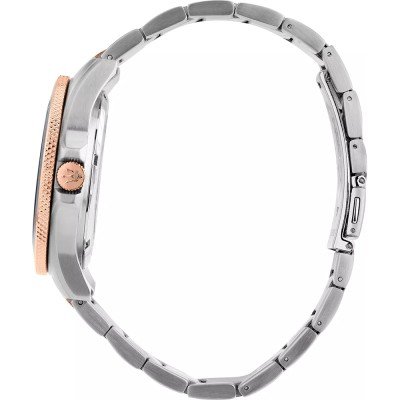 Side view of Maserati Competizione watch showing two-tone rose gold and stainless steel bracelet