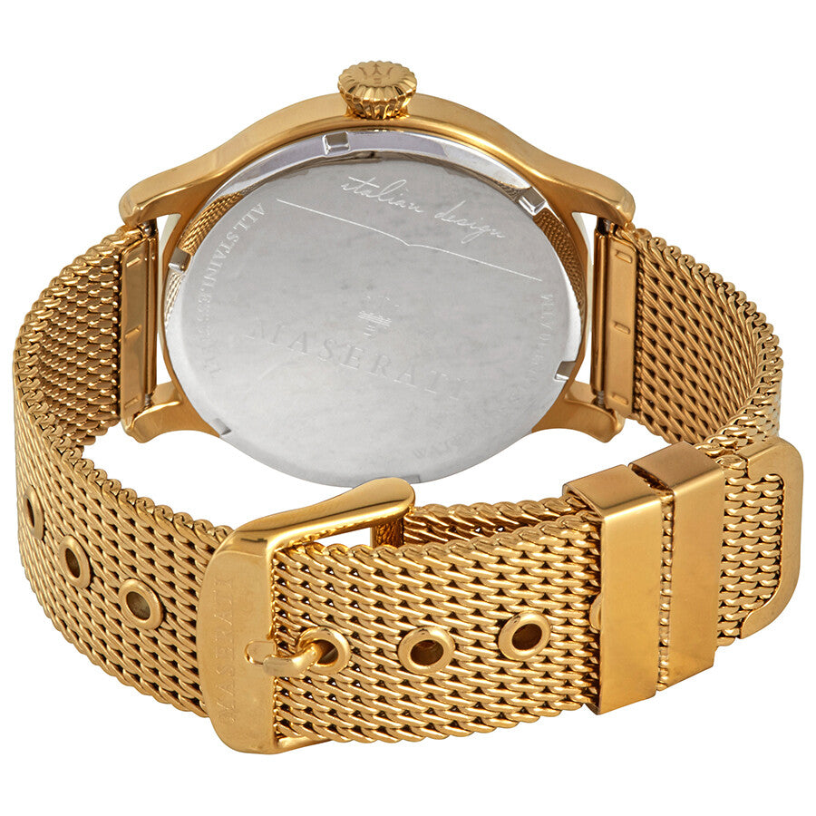 Back view of Maserati Epoca watch showing gold-tone case back and mesh bracelet