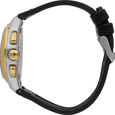 Maserati Triconic watch side view showing two-tone steel and gold case with black leather strap