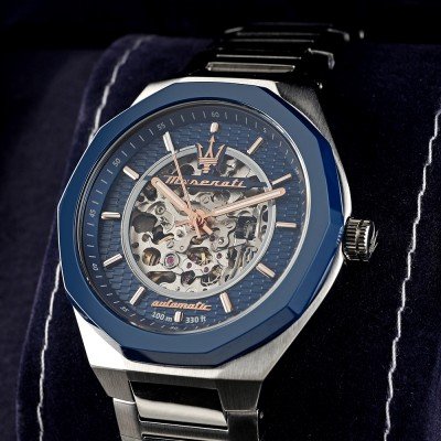 Maserati Stile Skeleton Automatic Silver Dial Two Tone Rose Gold and Silver Stainless Steel Men’s Watch R8823142004