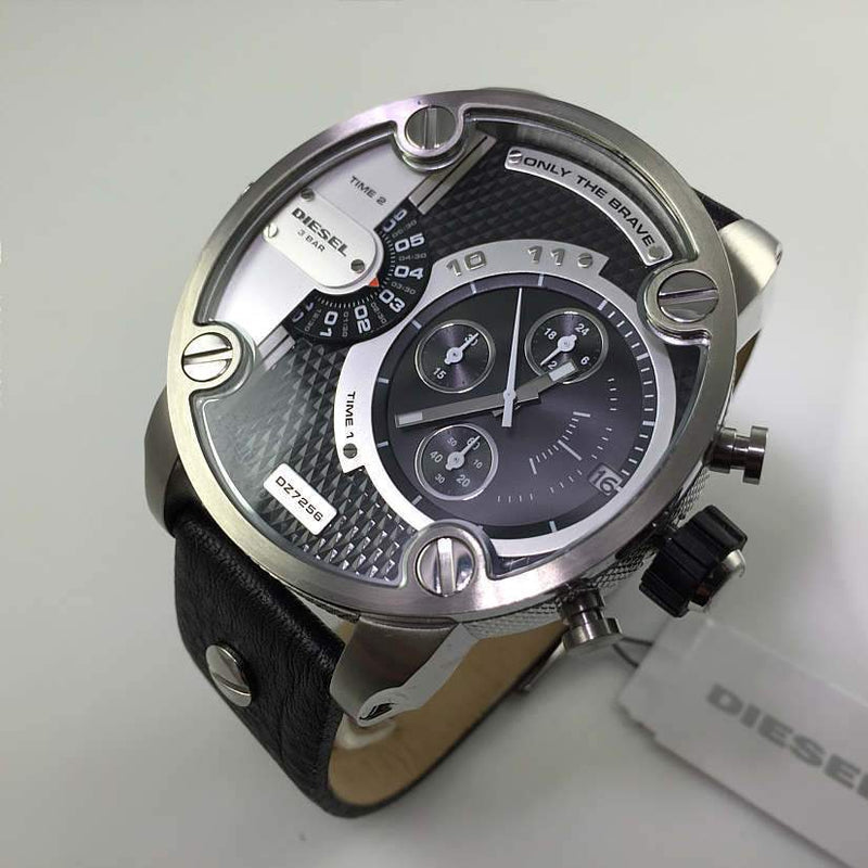 Diesel Little Daddy DZ7256 316L grey stainless steel & genuine leather strap 3ATM (30m) water resistant Japan movements with a chronograph and date function