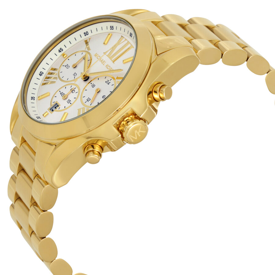 Side angle view of gold-tone Bradshaw chronograph watch showing case profile and bracelet