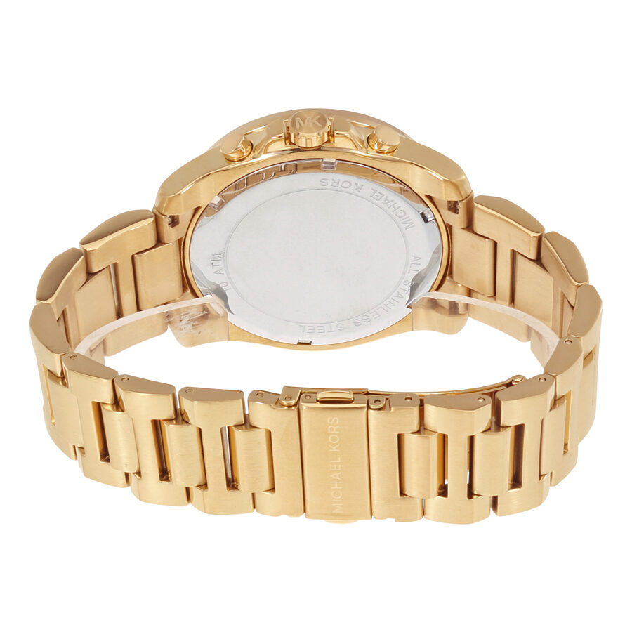 Michael Kors Brecken watch case back showing gold-tone stainless steel bracelet and clasp