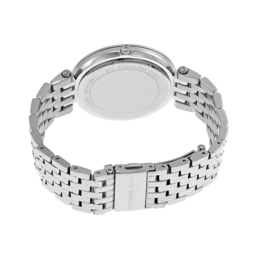 Caseback view of Michael Kors Darci watch with stainless steel bracelet