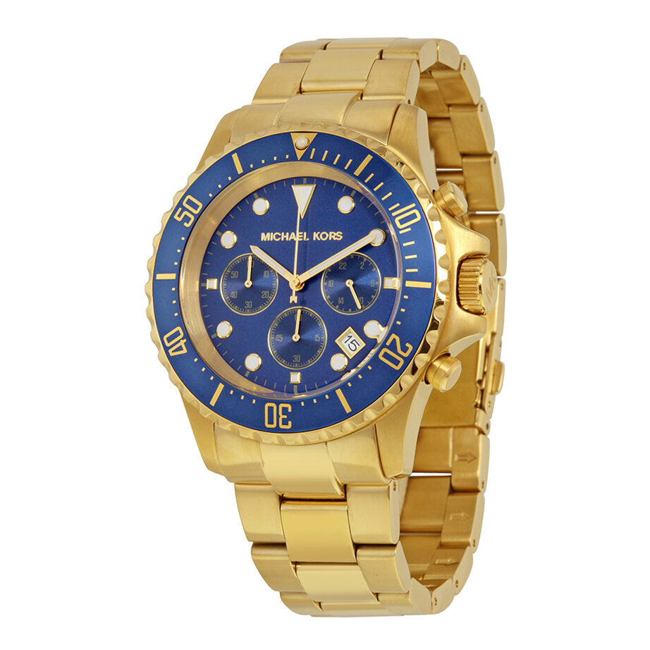 Michael Kors Everest chronograph watch with navy dial, gold-tone case and bracelet, displaying three subdials