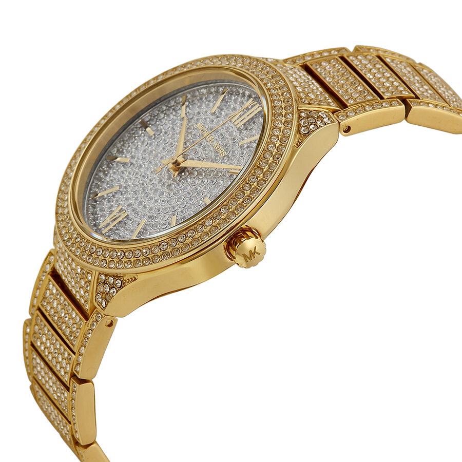 Side angle view of gold-tone Kerry watch with crystal pave dial and diamond-paved case
