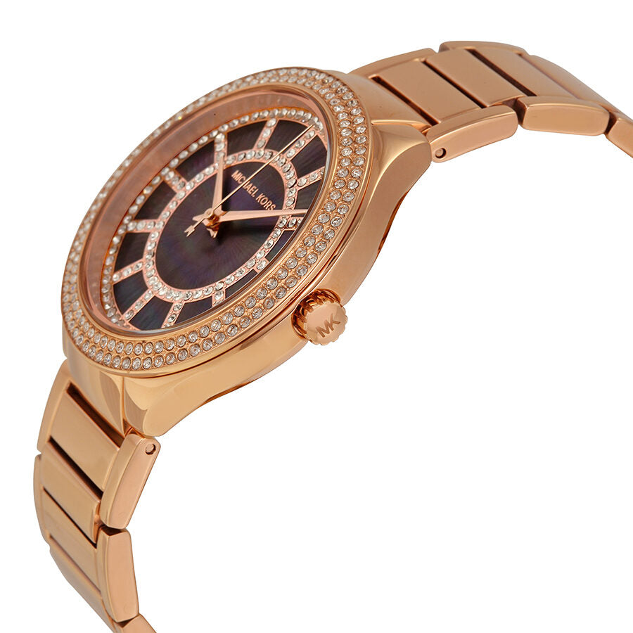 Side profile of Michael Kors Kerry watch showing rose gold-tone bracelet and black MOP dial