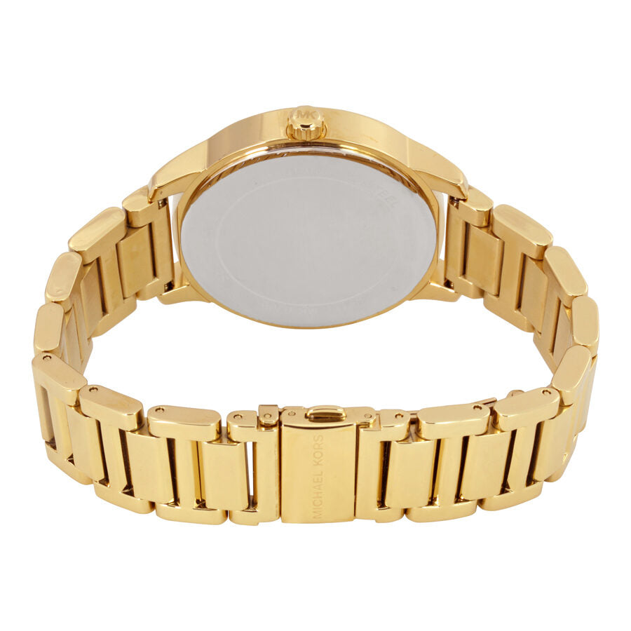 Michael Kors Kinley MK6209 caseback displaying gold-tone stainless steel case and bracelet