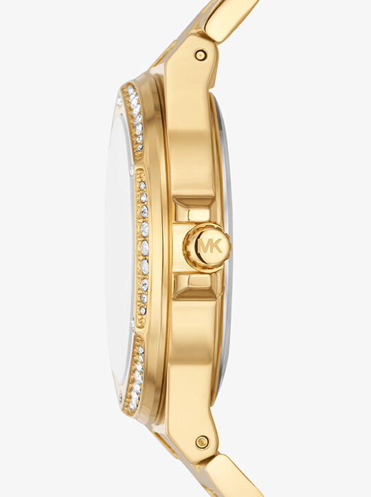 Side profile of Lennox watch showing gold case with crystal-accented bezel and band