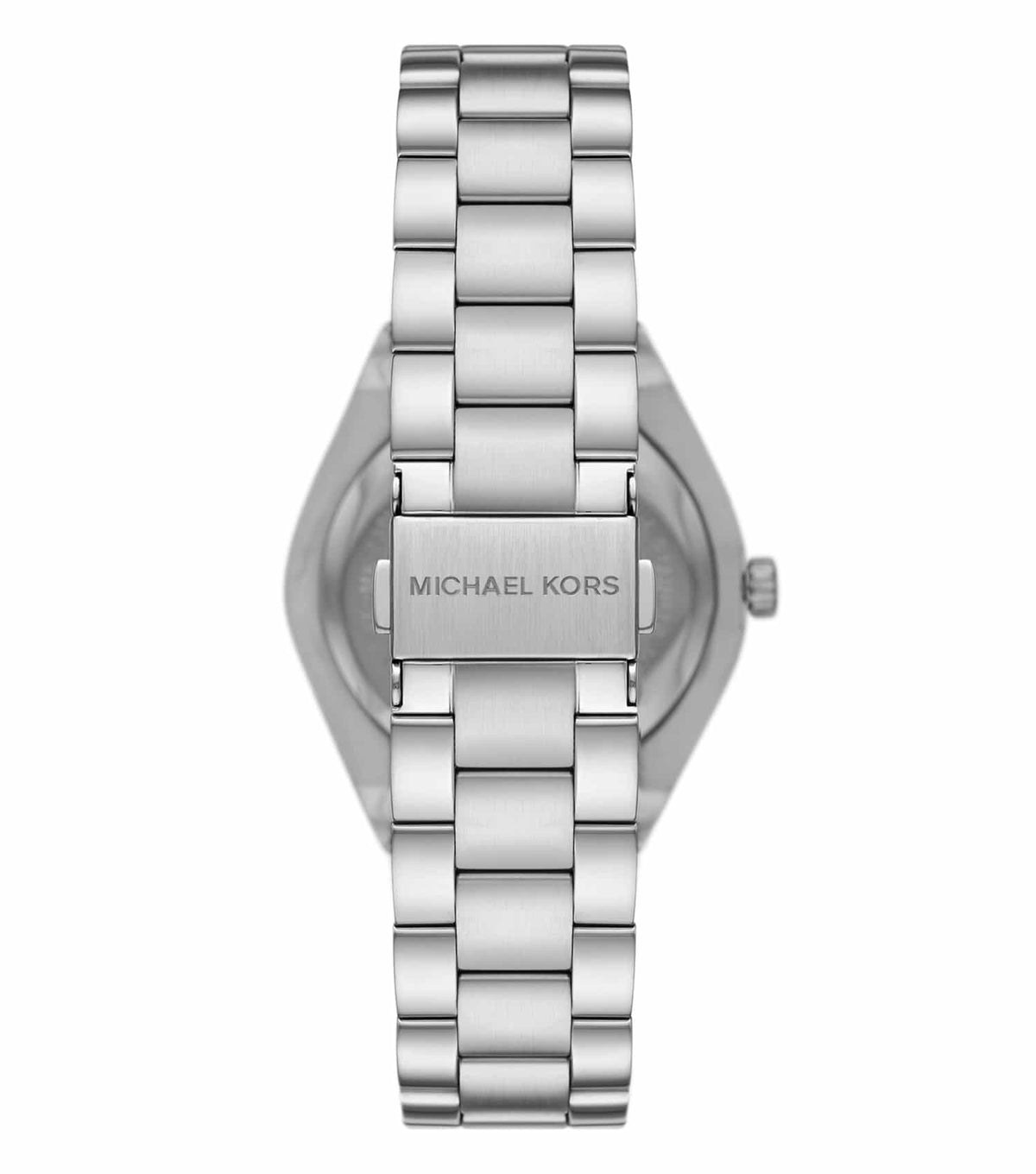 Caseback of Michael Kors Lennox MK7393 with Michael Kors engraving and stainless steel bracelet