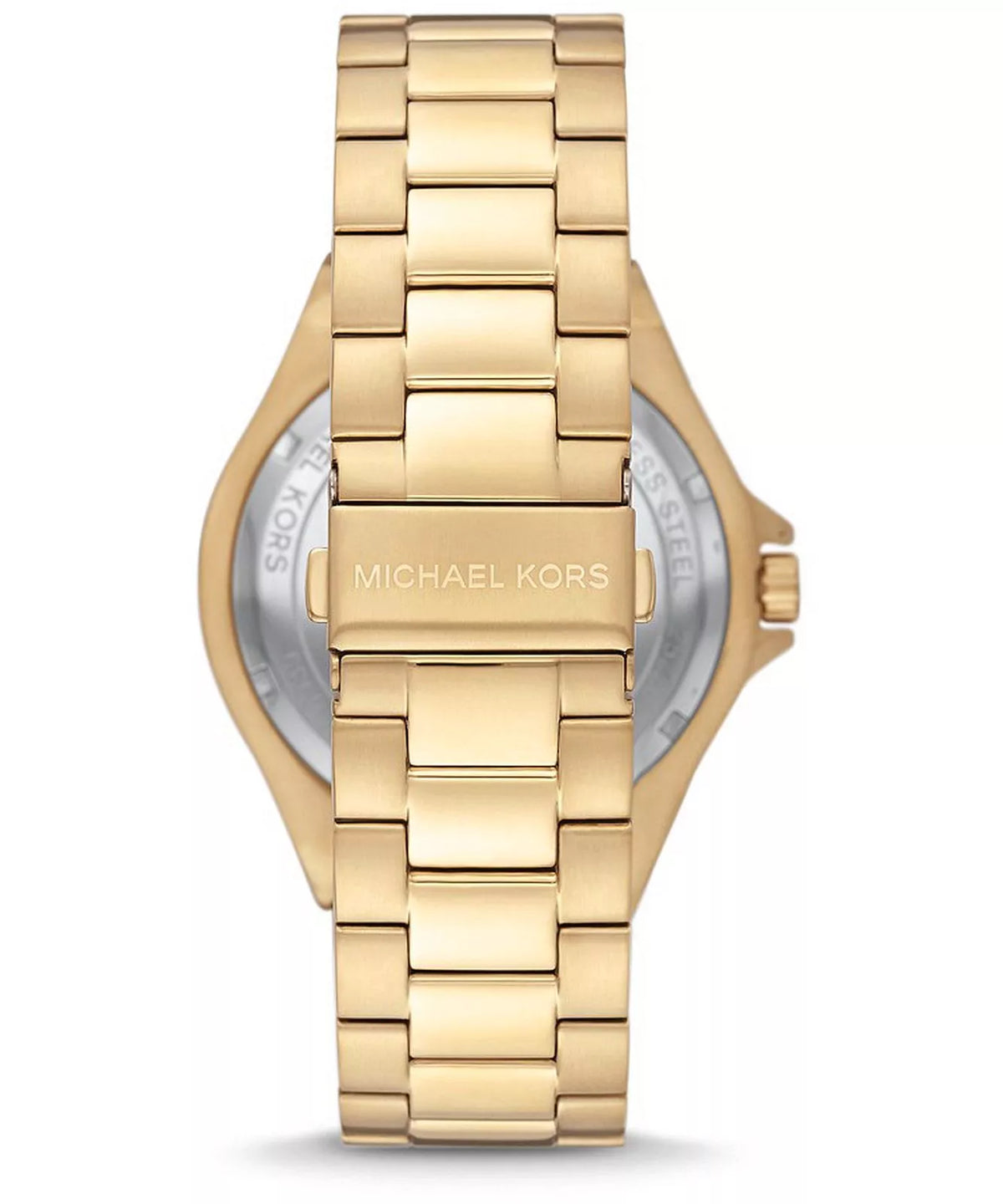 Back view of Michael Kors Lennox gold-tone watch with metal caseback and bracelet