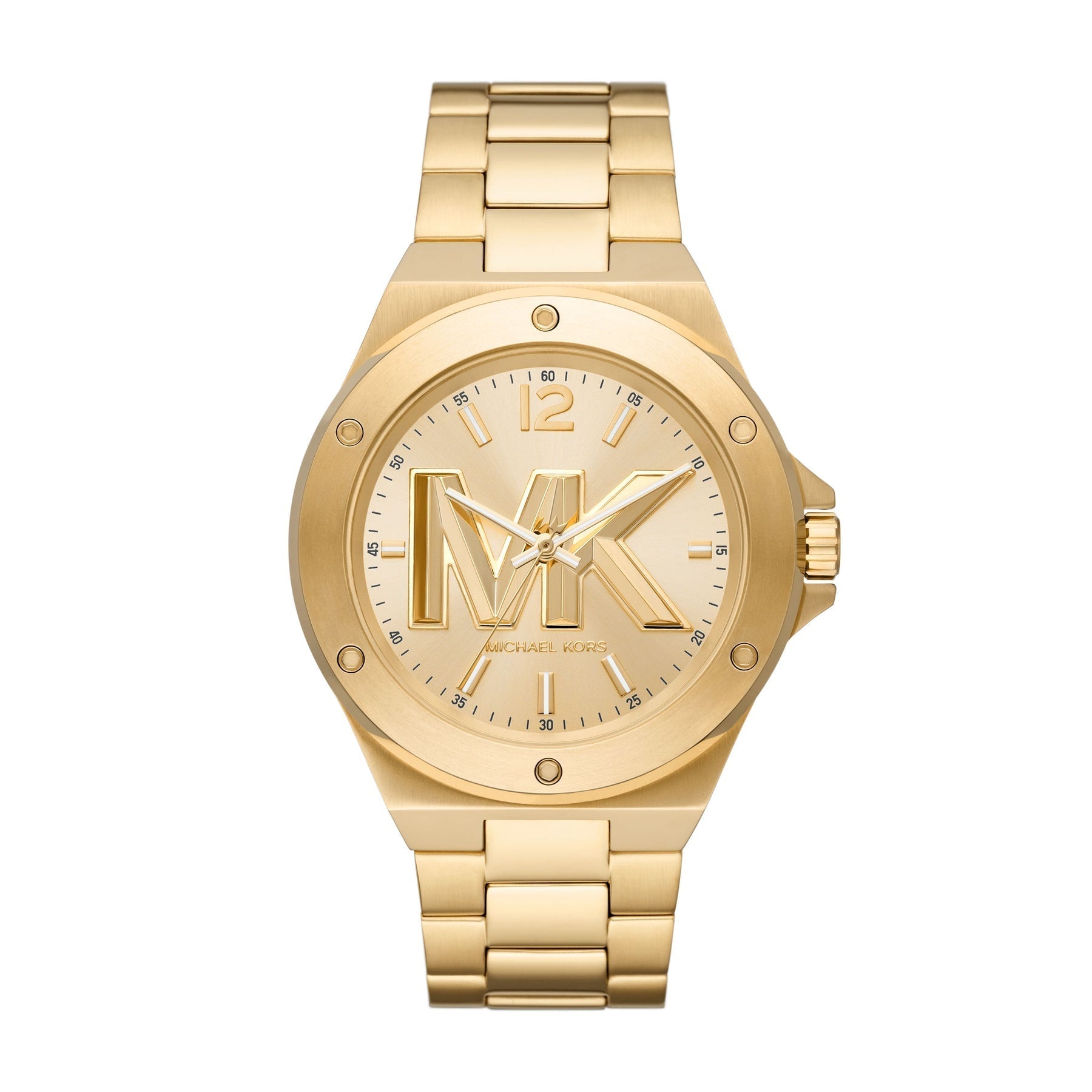 Michael Kors Lennox gold-tone men's watch with MK logo dial and gold bracelet