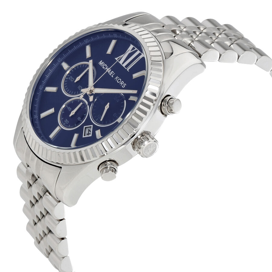 Michael Kors Lexington chronograph watch displayed at angle with navy dial and metal strap